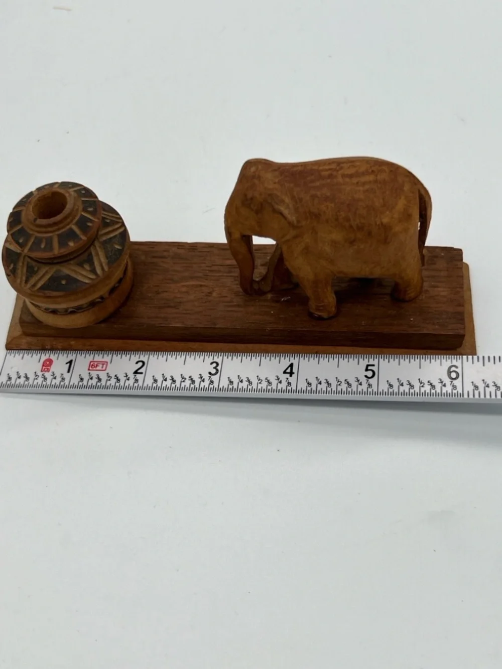 Vintage teak Hand-Carved Wooden Elephant Figurine on Base